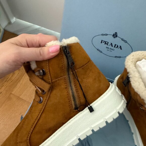NWT Prada Winter Boots In Cognac Brown Suede Leather Shearling Lace Up - Picture 6 of 10